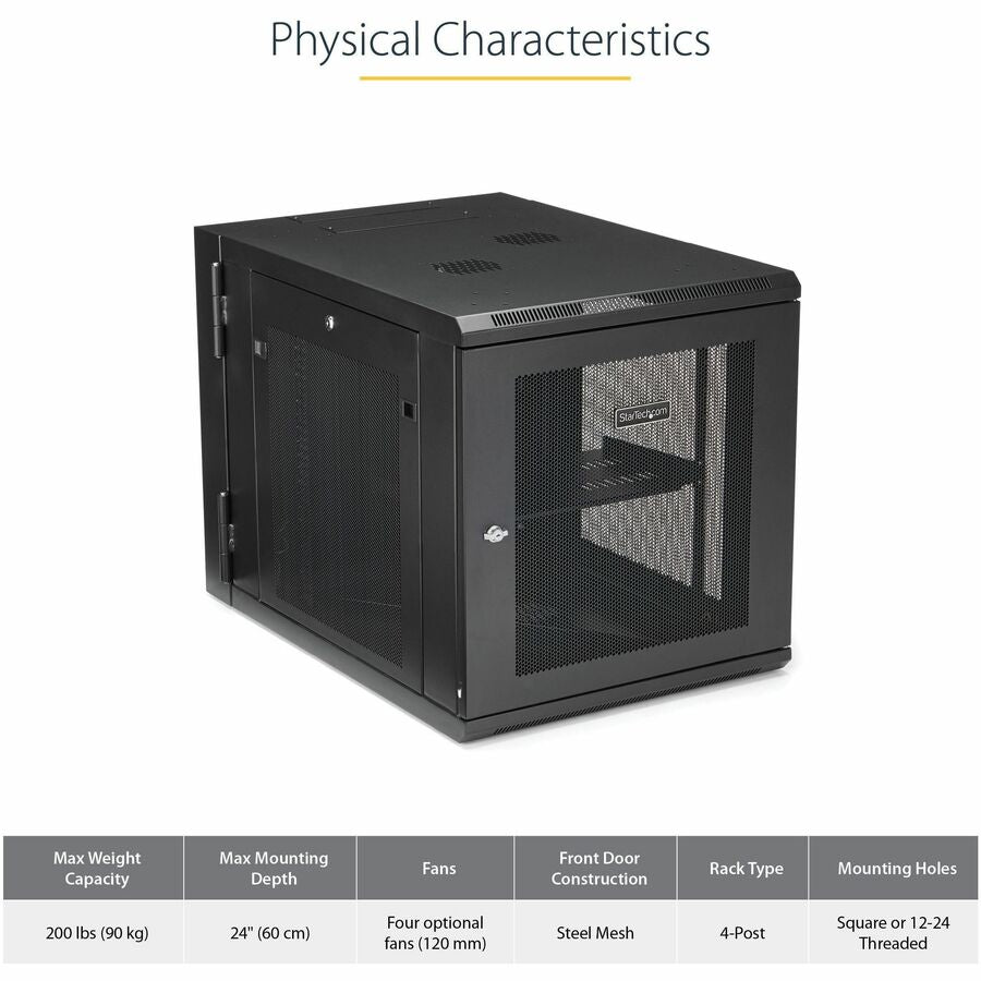 StarTech.com 4-Post 12U Wall Mount Network Cabinet, 19" Hinged Wall-Mounted Server Rack for IT Equipment, Flexible Lockable Rack Enclosure
