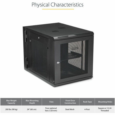 StarTech.com 4-Post 12U Wall Mount Network Cabinet, 19" Hinged Wall-Mounted Server Rack for IT Equipment, Flexible Lockable Rack Enclosure