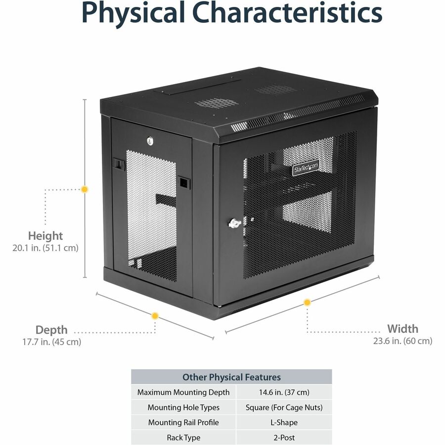 StarTech.com 2-Post 9U Wall Mount Network Cabinet, 19" Wall-Mounted Server Rack for Data / IT Equipment, Small Lockable Rack Enclosure