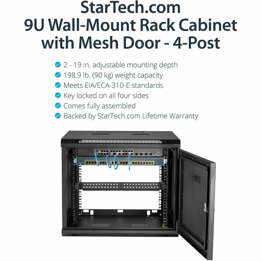 StarTech.com 4-Post 9U Wall Mount Network Cabinet, 19" Wall-Mounted Server Rack for Data / Computer Equipment, Small IT Rack Enclosure