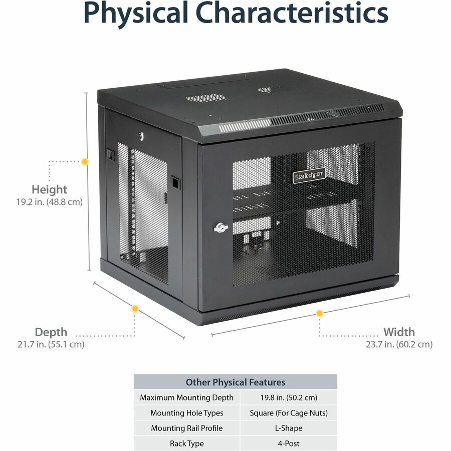 StarTech.com 4-Post 9U Wall Mount Network Cabinet, 19" Wall-Mounted Server Rack for Data / Computer Equipment, Small IT Rack Enclosure