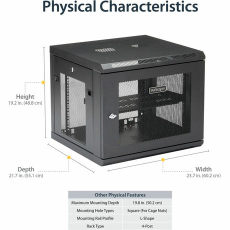 StarTech.com 4-Post 9U Wall Mount Network Cabinet, 19" Wall-Mounted Server Rack for Data / Computer Equipment, Small IT Rack Enclosure