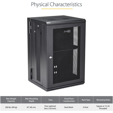 StarTech.com 4-Post 18U Wall Mount Network Cabinet, 19" Hinged Wall-Mounted Server Rack for Data / IT Equipment, Lockable Rack Enclosure