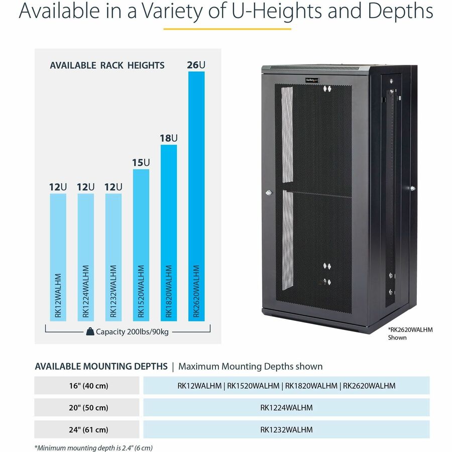 StarTech.com 4-Post 26U Wall Mount Network Cabinet, 19" Hinged Wall-Mounted Server Rack for Data / IT Equipment, Lockable Rack Enclosure