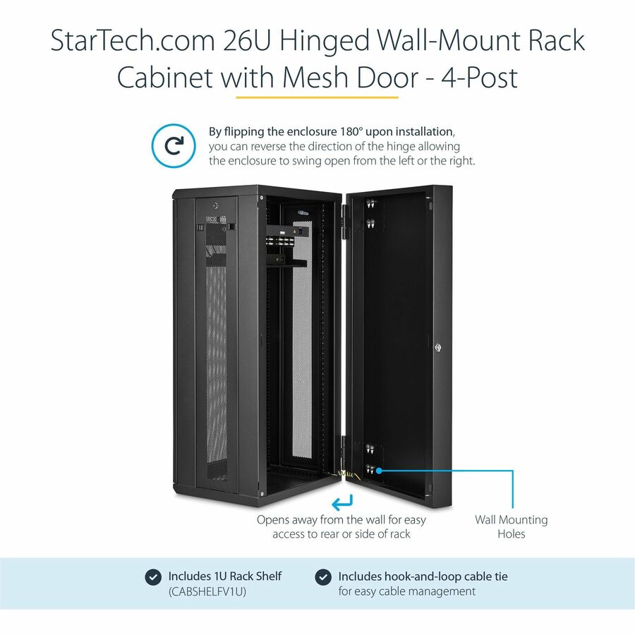 StarTech.com 4-Post 26U Wall Mount Network Cabinet, 19" Hinged Wall-Mounted Server Rack for Data / IT Equipment, Lockable Rack Enclosure