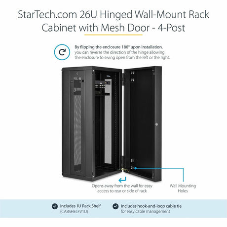 StarTech.com 4-Post 26U Wall Mount Network Cabinet, 19" Hinged Wall-Mounted Server Rack for Data / IT Equipment, Lockable Rack Enclosure