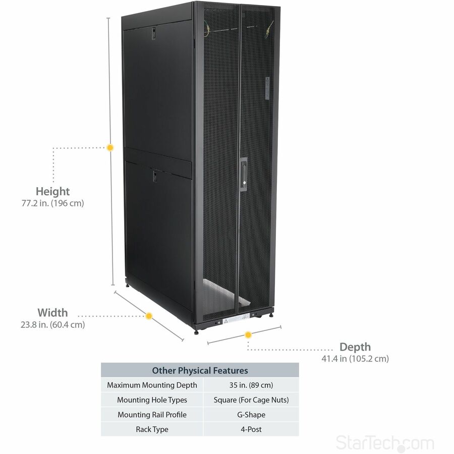 StarTech.com 4-Post 42U Server Rack Cabinet, 19" Data Rack Cabinet for Computer / IT Equipment mount, Rack Server Cabinet with Casters