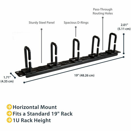 StarTech.com 1U 19" Cable Management Organizer - D Ring Hook Network/Server Rack Cord Manager - Data Center Horizontal Wire Panel