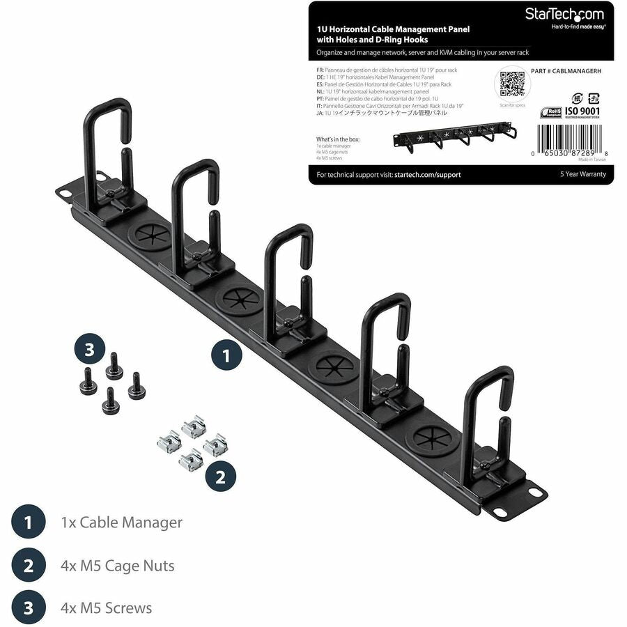 StarTech.com 1U 19" Cable Management Organizer - D Ring Hook Network/Server Rack Cord Manager - Data Center Horizontal Wire Panel