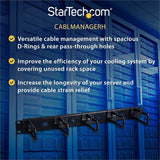 StarTech.com 1U 19" Cable Management Organizer - D Ring Hook Network/Server Rack Cord Manager - Data Center Horizontal Wire Panel