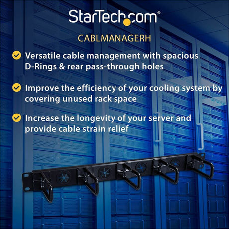 StarTech.com 1U 19" Cable Management Organizer - D Ring Hook Network/Server Rack Cord Manager - Data Center Horizontal Wire Panel