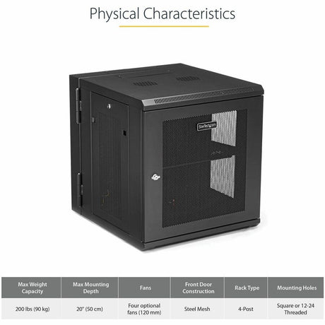 StarTech.com 4-Post 12U Wall Mount Network Cabinet, 19" Hinged Wall-Mounted Server Rack for IT Equipment, Flexible Lockable Rack Enclosure
