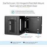 StarTech.com 4-Post 12U Wall Mount Network Cabinet, 19" Hinged Wall-Mounted Server Rack for IT Equipment, Flexible Lockable Rack Enclosure