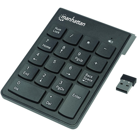 Manhattan Numeric Keypad, Wireless (2.4GHz), USB-A Micro Receiver, 18 Full Size Keys, Black, Membrane Key Switches, Auto Power Management, Range 10m, AAA Battery (included), Windows and Mac, Three Year Warranty, Blister