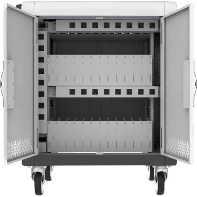 Rocstor Volt&reg; C24 Charging Cart with Intelligent Power Charging - Up to 24 Device Intelligent Power Charging Cart for Notebooks, Chromebook&reg;, MacBook&reg;, and Macbook&reg; Pro- 3 Shelves - Push Handle - 4 Heavy Duty 5" Casters - Steel Constructio