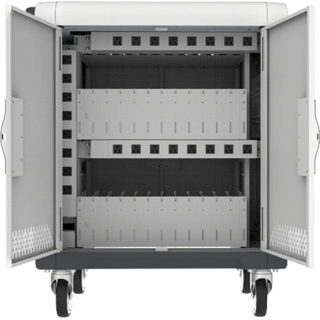 Rocstor Volt&reg; C24 Charging Cart with Intelligent Power Charging - Up to 24 Device Intelligent Power Charging Cart for Notebooks, Chromebook&reg;, MacBook&reg;, and Macbook&reg; Pro- 3 Shelves - Push Handle - 4 Heavy Duty 5" Casters - Steel Constructio