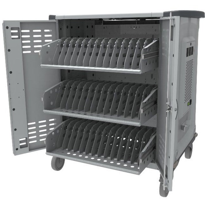 Rocstor Volt&reg; C42 Charging Cart with Intelligent Power Charging - Up to 42 Device Intelligent Power Charging Cart for Notebooks, Chromebook&reg;, MacBook&reg;, and Macbook&reg; Pro- 3 Slide-out shelves - Push Handle - 4 Heavy Duty 5" Casters - Steel C