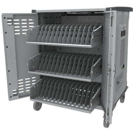 Rocstor Volt&reg; C42 Charging Cart with Intelligent Power Charging - Up to 42 Device Intelligent Power Charging Cart for Notebooks, Chromebook&reg;, MacBook&reg;, and Macbook&reg; Pro- 3 Slide-out shelves - Push Handle - 4 Heavy Duty 5" Casters - Steel C