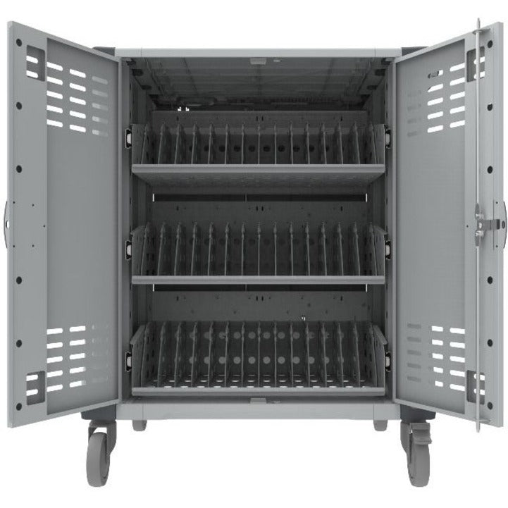 Rocstor Volt&reg; C42 Charging Cart with Intelligent Power Charging - Up to 42 Device Intelligent Power Charging Cart for Notebooks, Chromebook&reg;, MacBook&reg;, and Macbook&reg; Pro- 3 Slide-out shelves - Push Handle - 4 Heavy Duty 5" Casters - Steel C