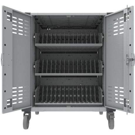 Rocstor Volt&reg; C42 Charging Cart with Intelligent Power Charging - Up to 42 Device Intelligent Power Charging Cart for Notebooks, Chromebook&reg;, MacBook&reg;, and Macbook&reg; Pro- 3 Slide-out shelves - Push Handle - 4 Heavy Duty 5" Casters - Steel C