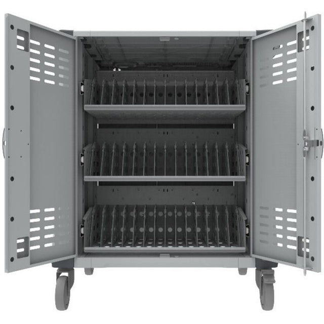 Rocstor Volt&reg; C42 Charging Cart with Intelligent Power Charging - Up to 42 Device Intelligent Power Charging Cart for Notebooks, Chromebook&reg;, MacBook&reg;, and Macbook&reg; Pro- 3 Slide-out shelves - Push Handle - 4 Heavy Duty 5" Casters - Steel C