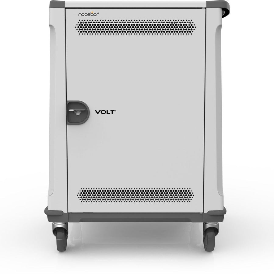 Rocstor Volt&reg; C32 Charging Cart with Intelligent Power Charging - Up to 32 Device Intelligent Power Charging Cart for Notebooks, Chromebook&reg;, MacBook&reg;, and Macbook&reg; Pro- 3 Slide-out shelves - Push Handle - 4 Heavy Duty 5" Casters - Steel C