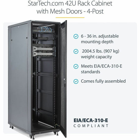 StarTech.com 4-Post 42U Server Rack Cabinet, 19" Data Rack Cabinet for Computer / IT Equipment mount, Rack Server Cabinet with Casters