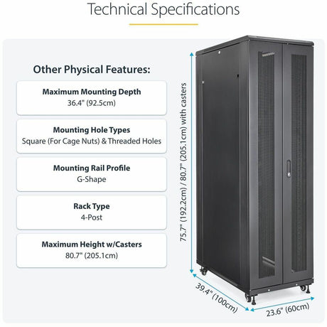 StarTech.com 4-Post 42U Server Rack Cabinet, 19" Data Rack Cabinet for Computer / IT Equipment mount, Rack Server Cabinet with Casters