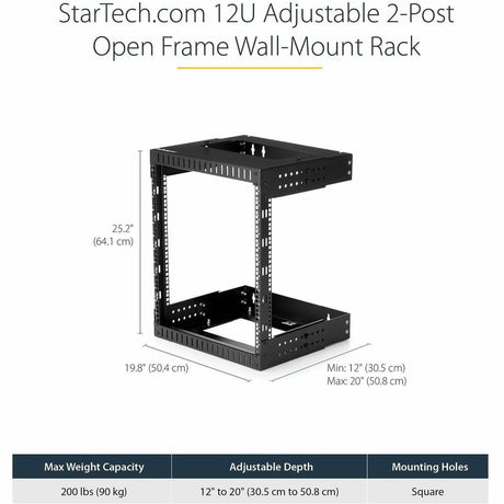 StarTech.com 2-Post 12U Heavy-Duty Wall Mount Network Rack, 19" Open Frame Server Rack with Adjustable Depth, Data Rack for IT Equipment~