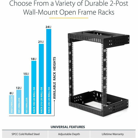 StarTech.com 2-Post 12U Heavy-Duty Wall Mount Network Rack, 19" Open Frame Server Rack with Adjustable Depth, Data Rack for IT Equipment~
