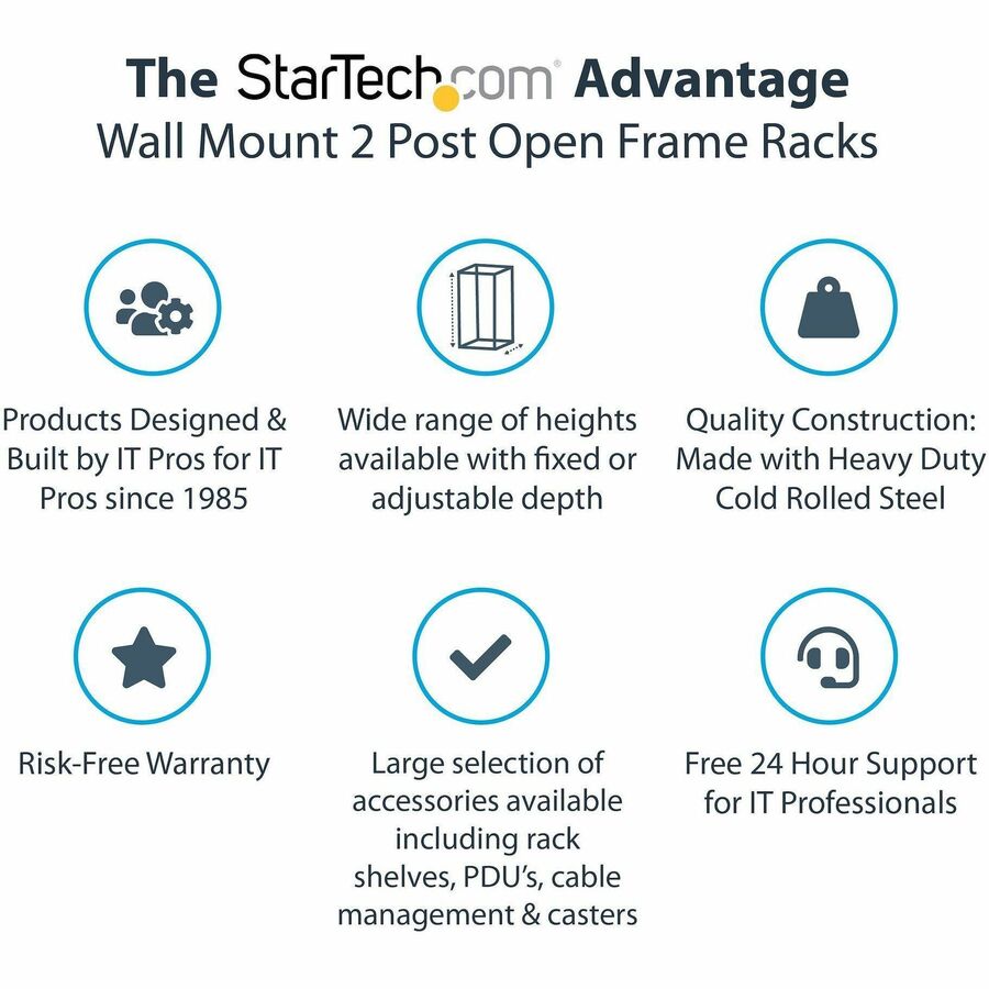 StarTech.com 2-Post 12U Heavy-Duty Wall Mount Network Rack, 19" Open Frame Server Rack with Adjustable Depth, Data Rack for IT Equipment~