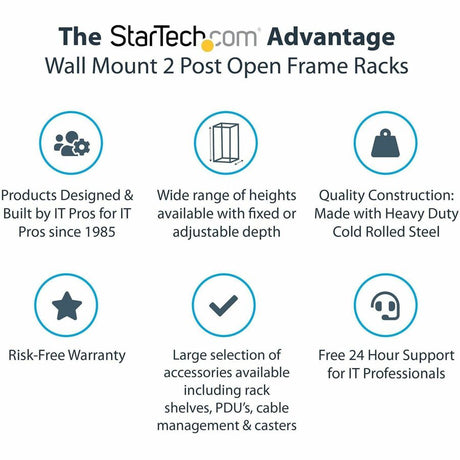StarTech.com 2-Post 12U Heavy-Duty Wall Mount Network Rack, 19" Open Frame Server Rack with Adjustable Depth, Data Rack for IT Equipment~