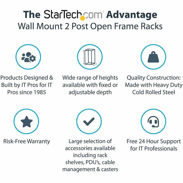 StarTech.com 2-Post 12U Heavy-Duty Wall Mount Network Rack, 19" Open Frame Server Rack with Adjustable Depth, Data Rack for IT Equipment~