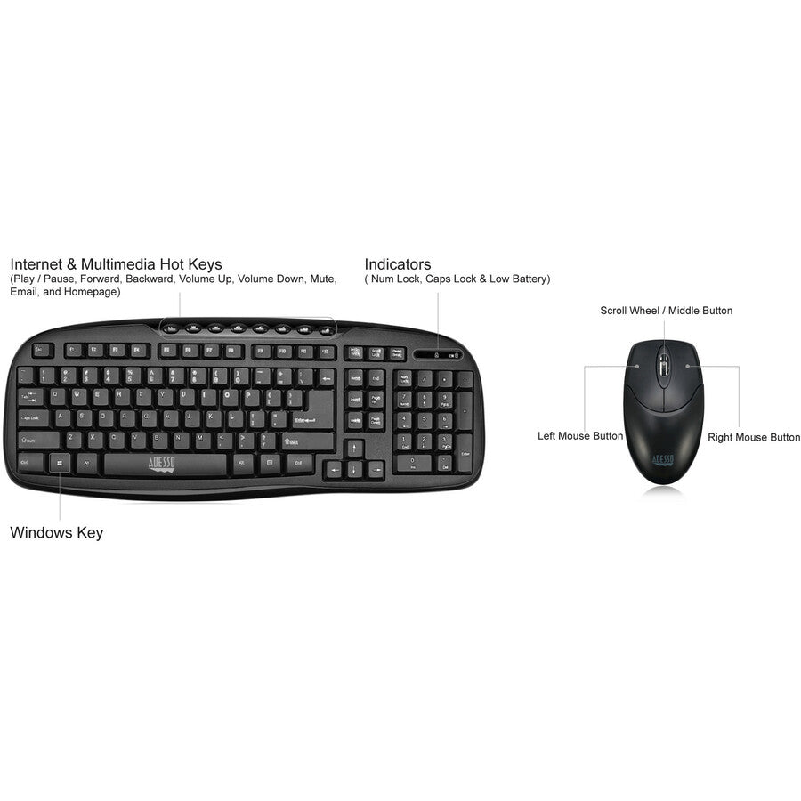 Adesso WKB-1330CB 2.4 GHz Wireless Desktop Keyboard and Mouse Combo