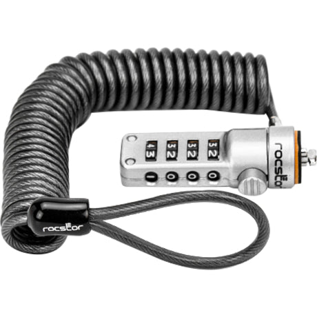 Rocstor Rocbolt Portable Security Cable With Combination Lock and Self-Coiling Steel Cable - Resettable - 4-digit - Galvanized Steel, Zinc Alloy - 6 ft - For Notebook, Docking Station, Desktop Computer, Monitor (Compatible to Kensington&reg; K64670AM) POR