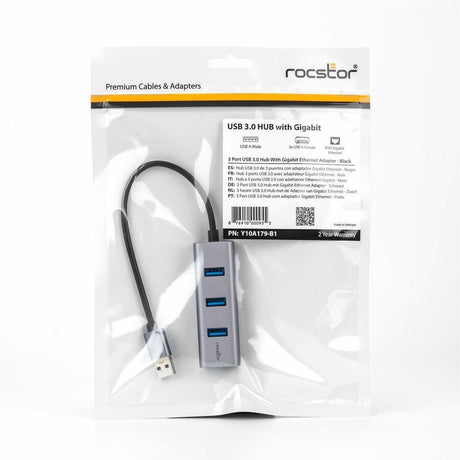 Rocstor Premium 3 Port Portable USB 3.0 Hub with Gigabit Ethernet 10/100/1000- External Portable 3 Port USB Hub with GbE Adapter - Built-In Cable - USB - 3 USB Port(s) - 1 Network (RJ-45) Port(s) - Black - PC, Mac USB 3 HUB & NETWORK ADAPTER