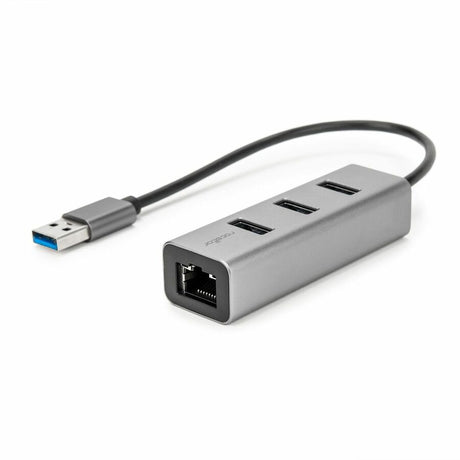 Rocstor Premium 3 Port Portable USB 3.0 Hub with Gigabit Ethernet 10/100/1000- External Portable 3 Port USB Hub with GbE Adapter - Built-In Cable - USB - 3 USB Port(s) - 1 Network (RJ-45) Port(s) - Black - PC, Mac USB 3 HUB & NETWORK ADAPTER