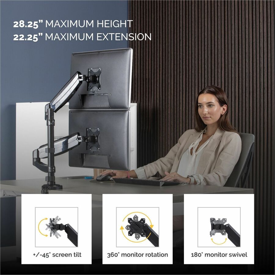 Fellowes Platinum Series High Quality Dual and Dual Stacking Monitor Arm for 27 Inch(stacking) and 32 Inch(side by side) Monitors, Full Motion, 360&deg; Rotation, VESA Mount with Grommet or Clamp, USB Ports, Ergonomic, Black