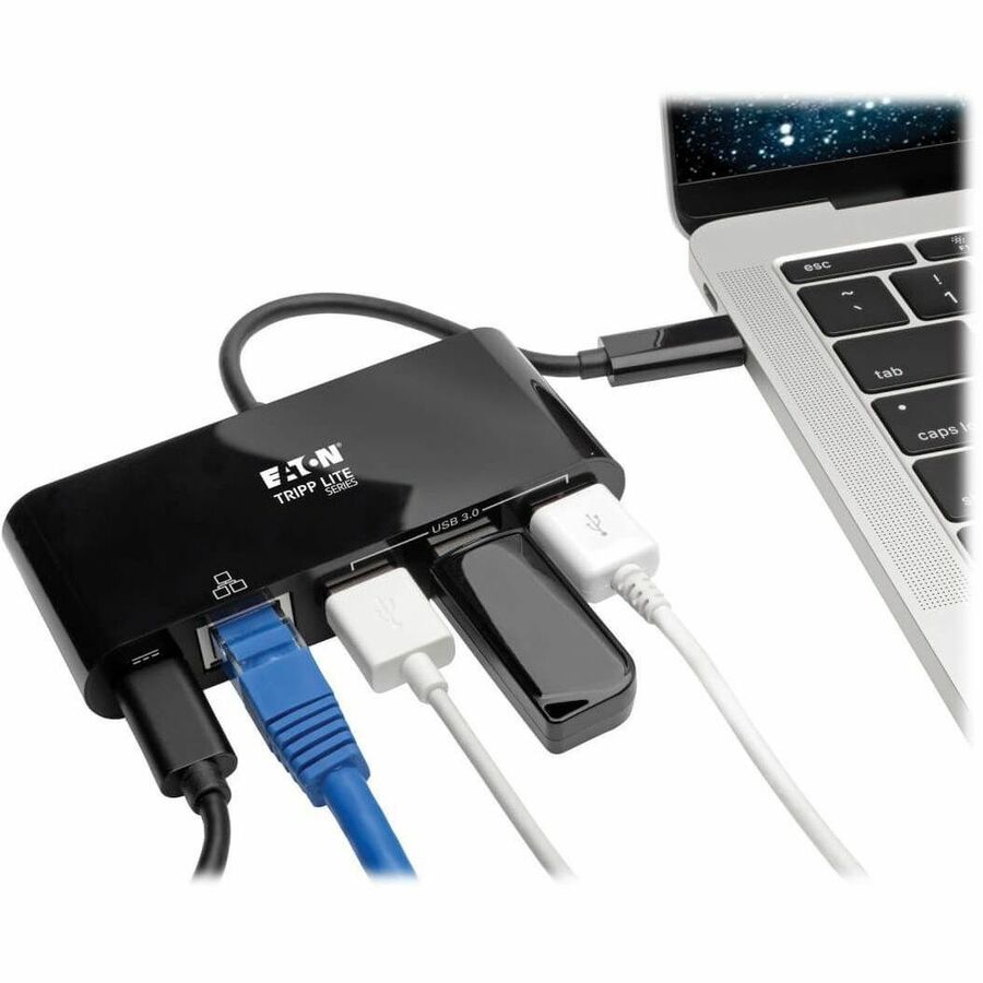 Eaton Tripp Lite Series 3-Port USB-C Hub - USB 3.x (5Gpbs) Hub Ports, Gigabit Ethernet, 60W PD Charging, Black