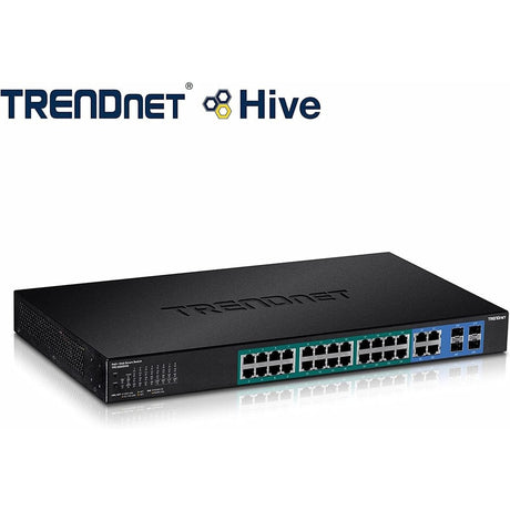 TRENDnet 28-Port Web Smart PoE+ Switch; 24 x Gigabit PoE+ Ports; 4 x Shared Gigabit Ports (RJ-45 or SFP); VLAN; QoS; LACP; IPv6 Support; 370W PoE Power Budget; Lifetime Protection; TPE-5028WS