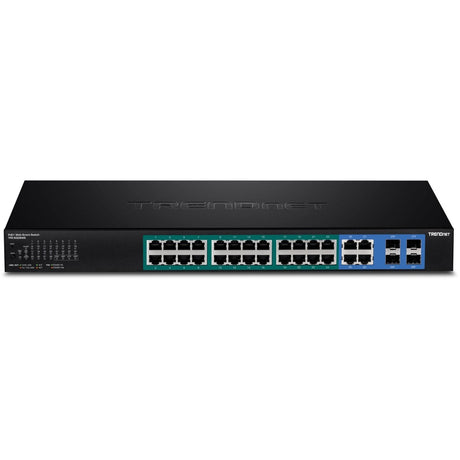 TRENDnet 28-Port Web Smart PoE+ Switch; 24 x Gigabit PoE+ Ports; 4 x Shared Gigabit Ports (RJ-45 or SFP); VLAN; QoS; LACP; IPv6 Support; 370W PoE Power Budget; Lifetime Protection; TPE-5028WS