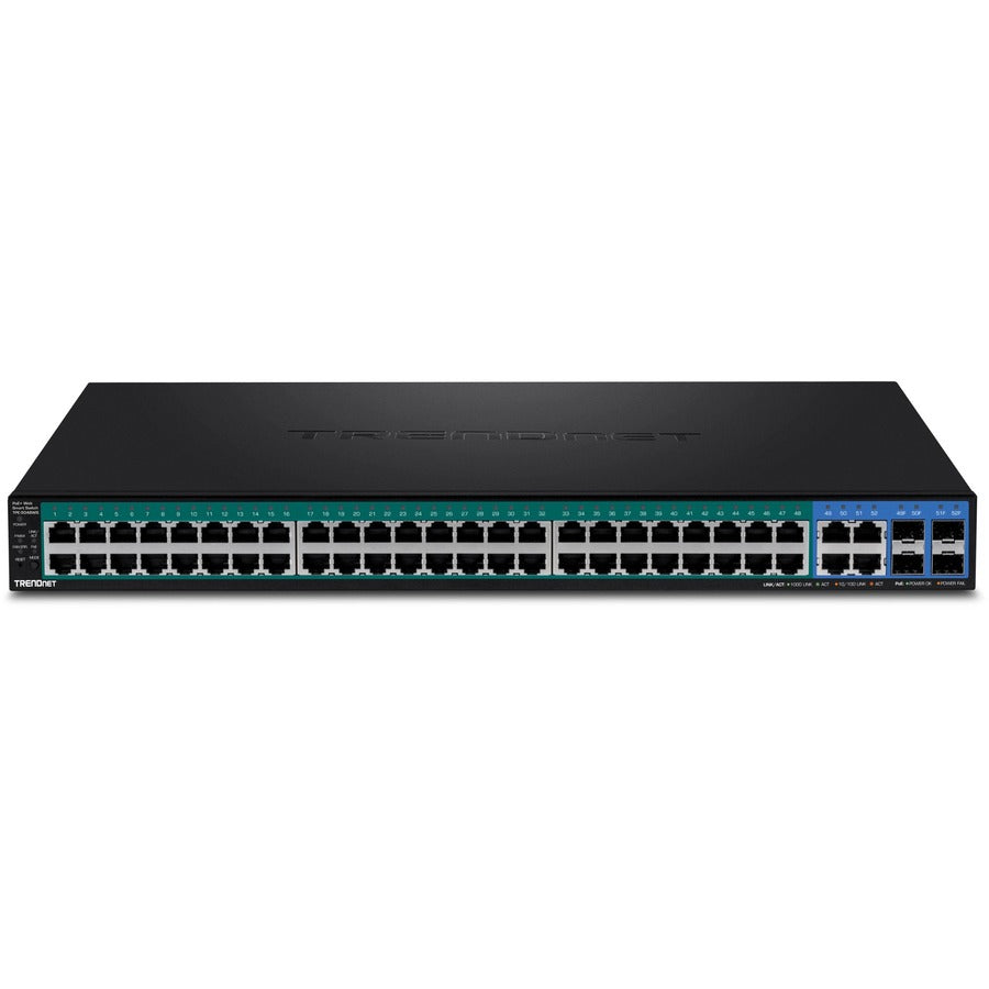 TRENDnet 52-Port Web Smart PoE+ Switch; 48 x Gigabit PoE+ Ports; 4 x Shared Gigabit Ports (RJ-45 or SFP); VLAN; QoS; LACP; IPv6 Support; 740W PoE Power Budget; Lifetime Protection; TPE-5048WS