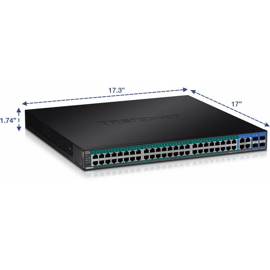 TRENDnet 52-Port Web Smart PoE+ Switch; 48 x Gigabit PoE+ Ports; 4 x Shared Gigabit Ports (RJ-45 or SFP); VLAN; QoS; LACP; IPv6 Support; 740W PoE Power Budget; Lifetime Protection; TPE-5048WS
