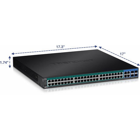 TRENDnet 52-Port Web Smart PoE+ Switch; 48 x Gigabit PoE+ Ports; 4 x Shared Gigabit Ports (RJ-45 or SFP); VLAN; QoS; LACP; IPv6 Support; 740W PoE Power Budget; Lifetime Protection; TPE-5048WS