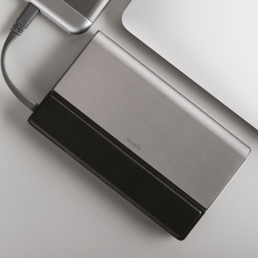 Moshi IonBank 10K Portable Battery with Built-in Cables, Lightning and USB, Ultra-slim, Fast-charging, Vegan Leather and Aluminum Construction