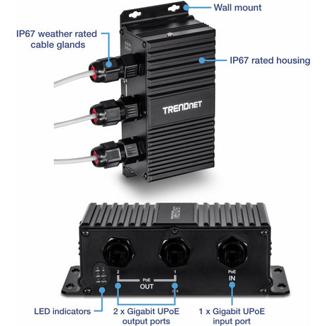 TRENDnet 2-Port Industrial Outdoor Gigabit UPoE Extender, Extends 100m- Total Distance Up to 200m (656'), Supports PoE (15.4W), PoE+(30W), UPoE(60W), IP67 Housing, TI-EU120