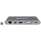 Manhattan USB-C Dock/Hub with Card Reader, Ports (x8): USB-C to HDMI, Audio 3.5mm, Ethernet, Mini DisplayPort, USB-A (x3) and USB-C, With Power Delivery to USB-C Port (60W), Cable 20cm, Aluminium, Grey, Three Year Warranty, Retail Box