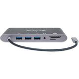 Manhattan USB-C Dock/Hub with Card Reader, Ports (x8): USB-C to HDMI, Audio 3.5mm, Ethernet, Mini DisplayPort, USB-A (x3) and USB-C, With Power Delivery to USB-C Port (60W), Cable 20cm, Aluminium, Grey, Three Year Warranty, Retail Box