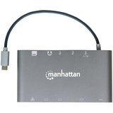 Manhattan USB-C Dock/Hub with Card Reader, Ports (x8): USB-C to HDMI, Audio 3.5mm, Ethernet, Mini DisplayPort, USB-A (x3) and USB-C, With Power Delivery to USB-C Port (60W), Cable 20cm, Aluminium, Grey, Three Year Warranty, Retail Box
