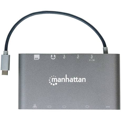 Manhattan USB-C Dock/Hub with Card Reader, Ports (x8): USB-C to HDMI, Audio 3.5mm, Ethernet, Mini DisplayPort, USB-A (x3) and USB-C, With Power Delivery to USB-C Port (60W), Cable 20cm, Aluminium, Grey, Three Year Warranty, Retail Box